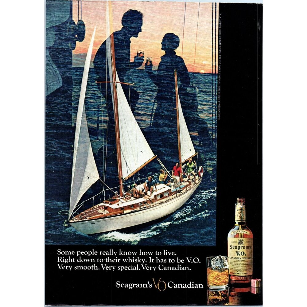 1971 Seagram's VO Canadian Whisky Vintage Print Ad Sailing Yacht Sunset Wall Art